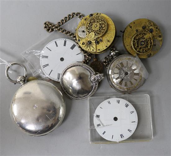 A silver engine-turned hunter pocket watch, a ladies pocket watch marked Fine Silver, sundry watch parts, etc.